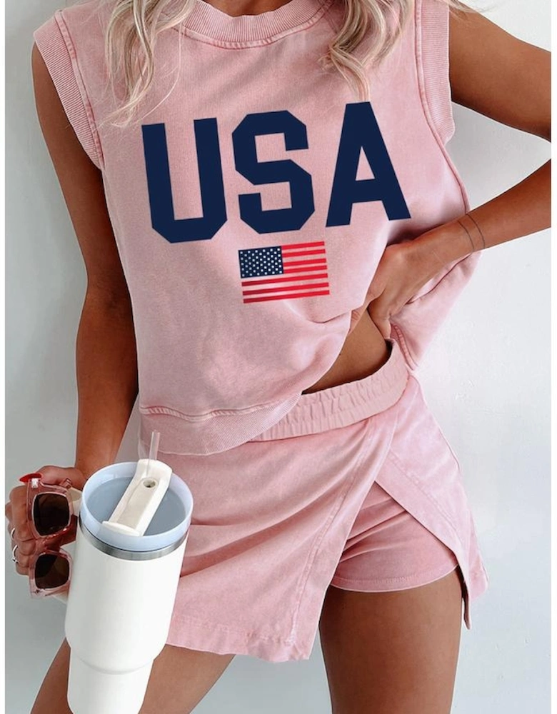 Light Pink USA Flag Graphic Tank Top and Skort Short Set