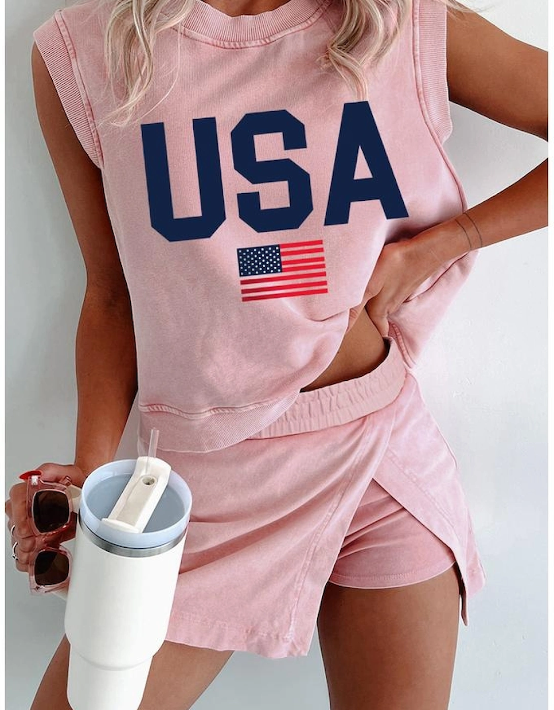 Light Pink USA Flag Graphic Tank Top and Skort Short Set