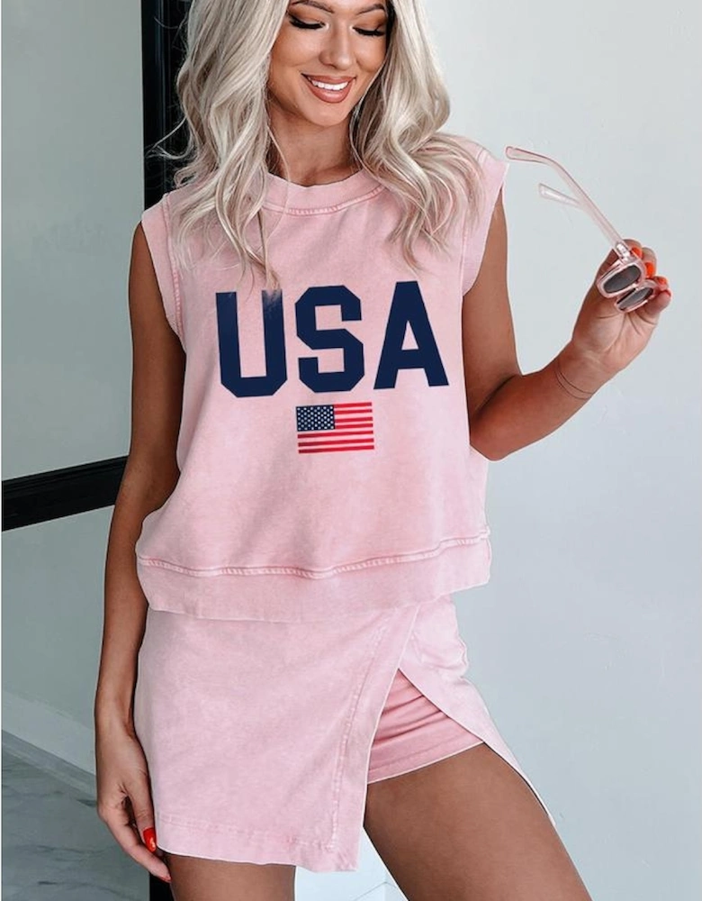Light Pink USA Flag Graphic Tank Top and Skort Short Set