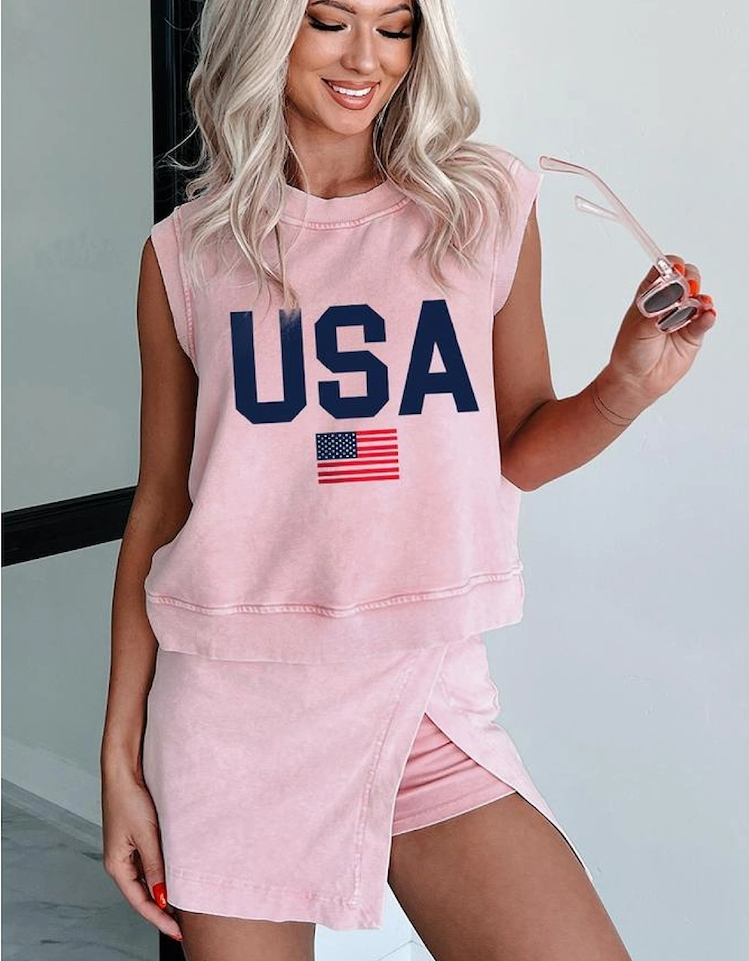 Light Pink USA Flag Graphic Tank Top and Skort Short Set