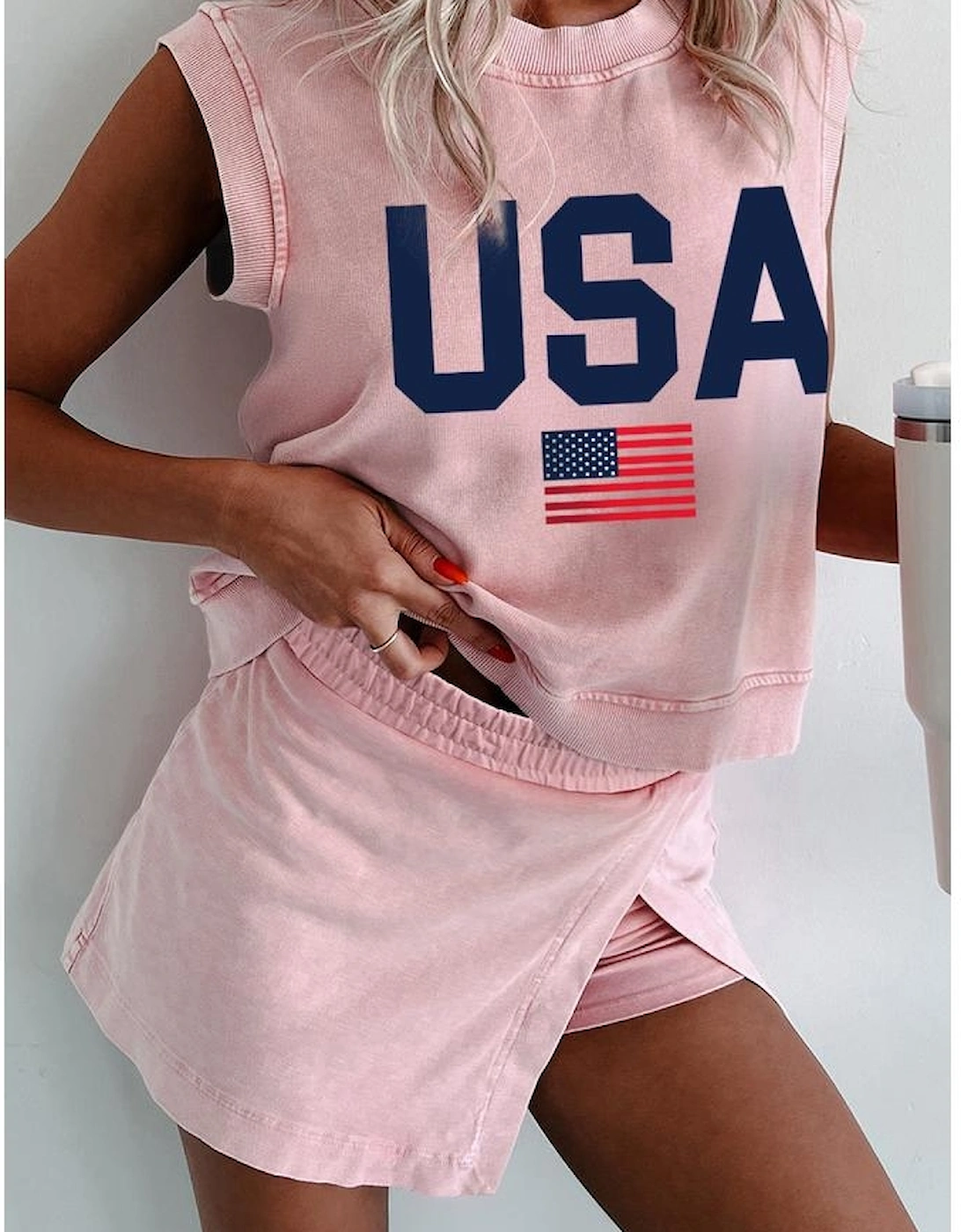 Light Pink USA Flag Graphic Tank Top and Skort Short Set