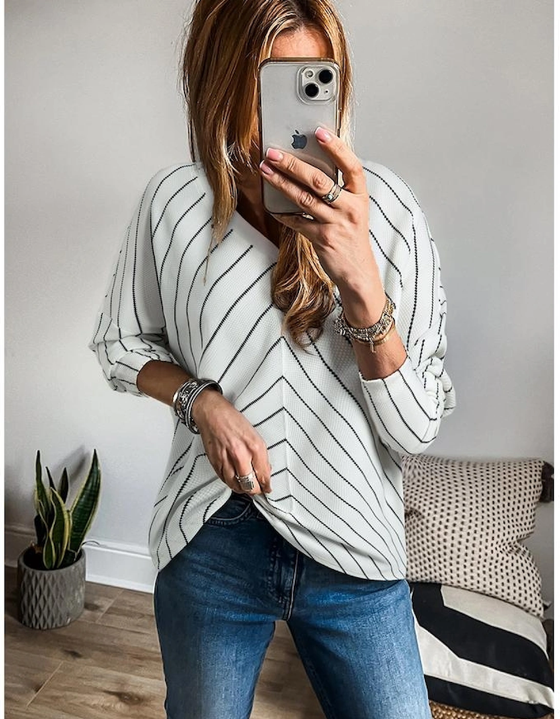 Black Stripe Chevron Striped V Neck Long Sleeve Casual Top