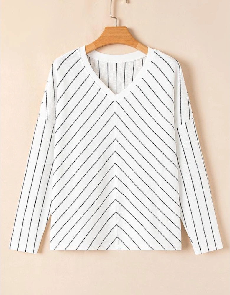 Black Stripe Chevron Striped V Neck Long Sleeve Casual Top