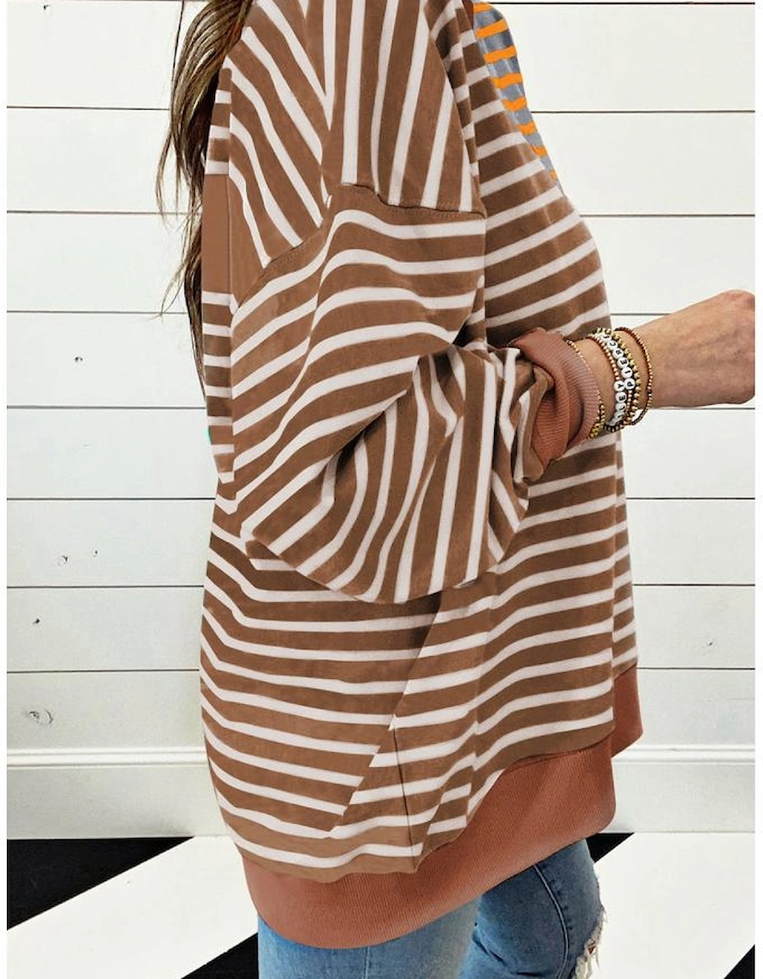 Brown Stripe Casual Stripe Colorblock Drop Shoulder Oversize Sweatshirt