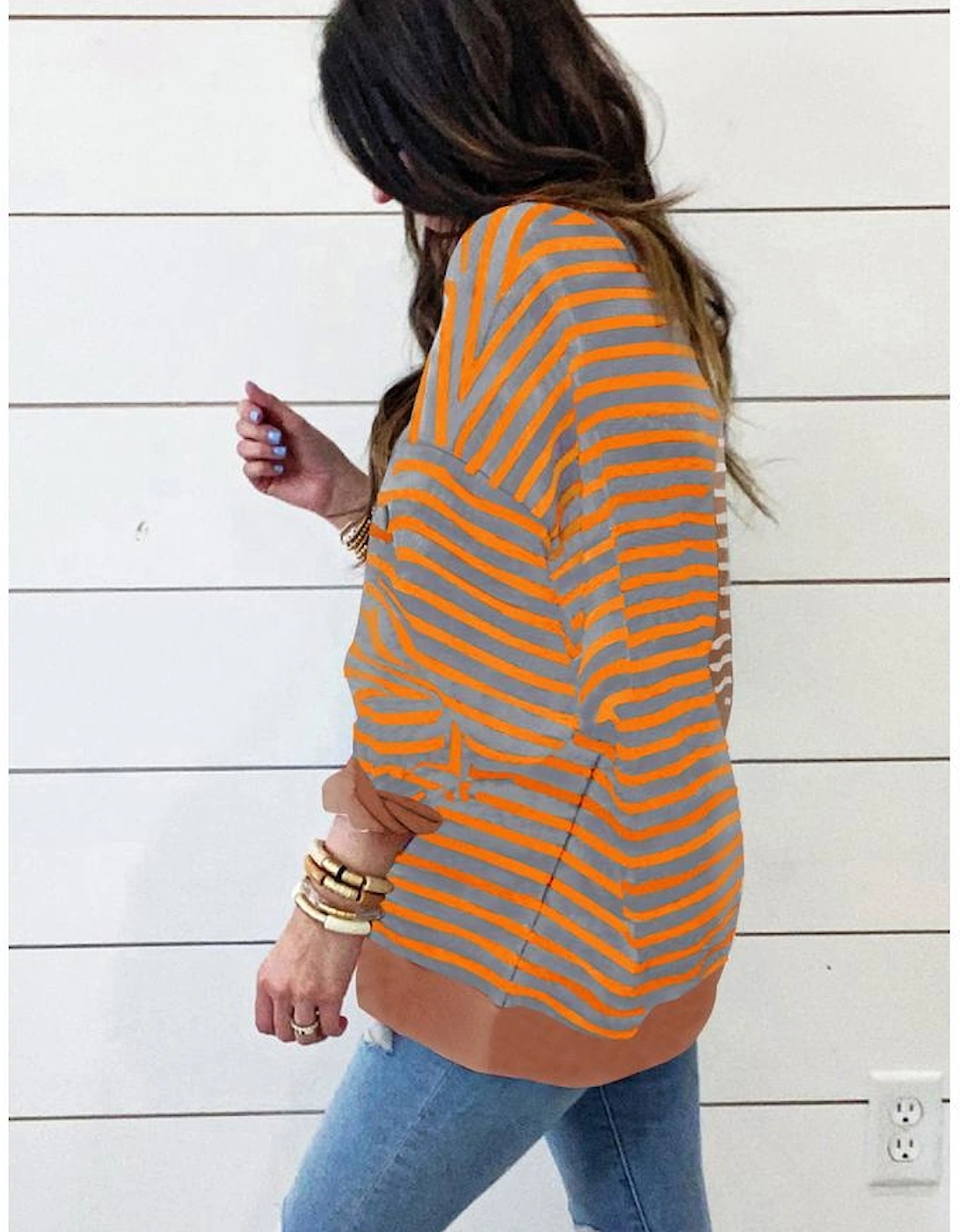 Brown Stripe Casual Stripe Colorblock Drop Shoulder Oversize Sweatshirt, 4 of 3