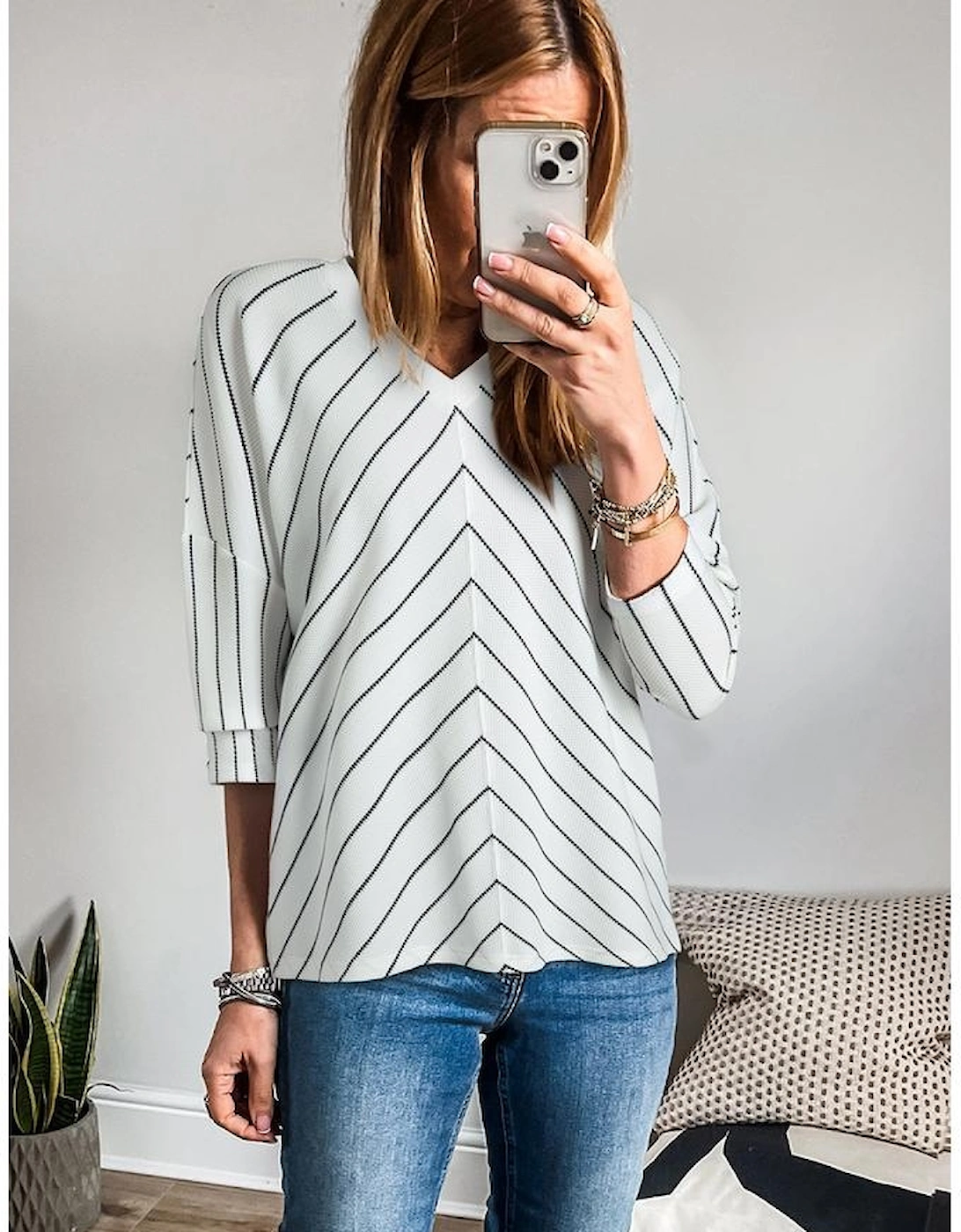 Black Stripe Chevron Striped V Neck Long Sleeve Casual Top