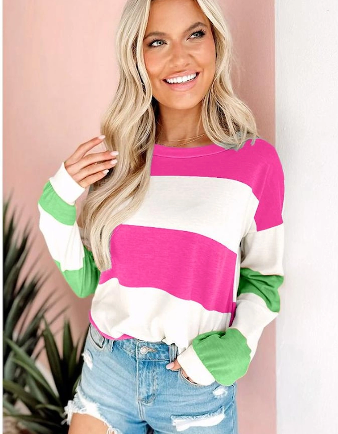 Rose Red Colorblock Striped Drop Shoulder Long Sleeve Top