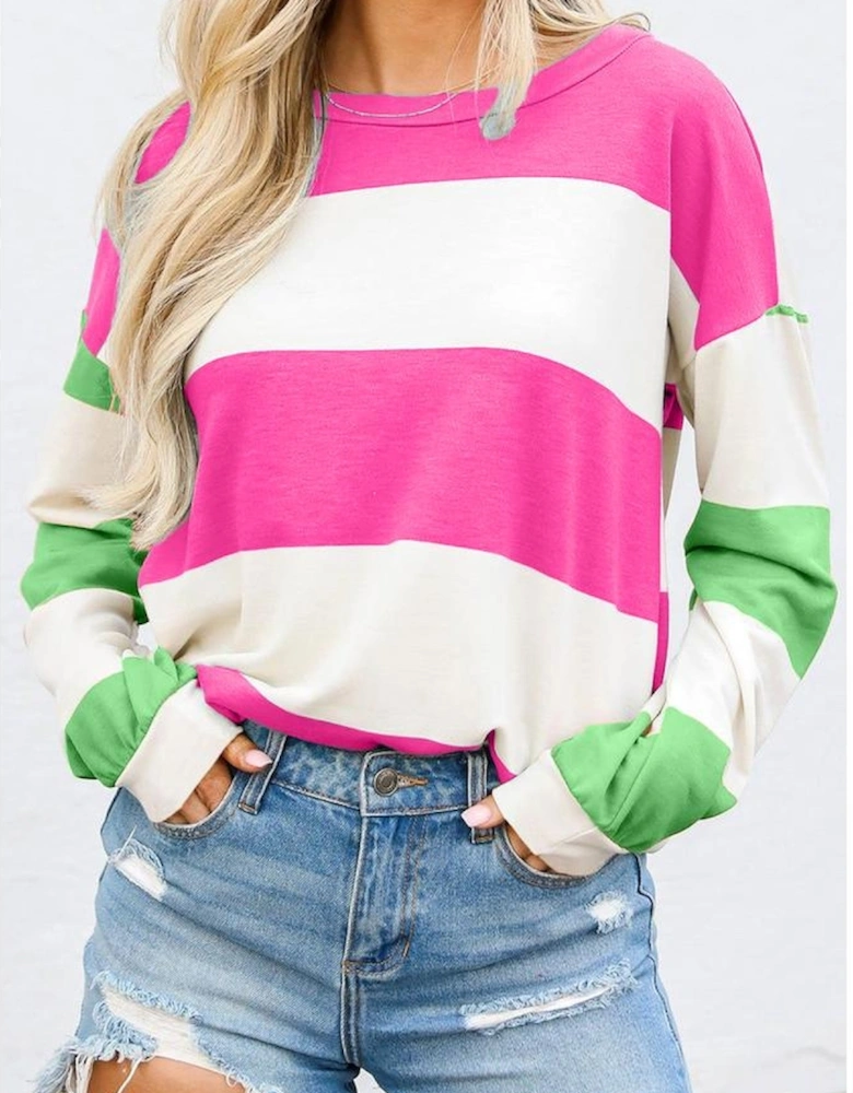 Rose Red Colorblock Striped Drop Shoulder Long Sleeve Top