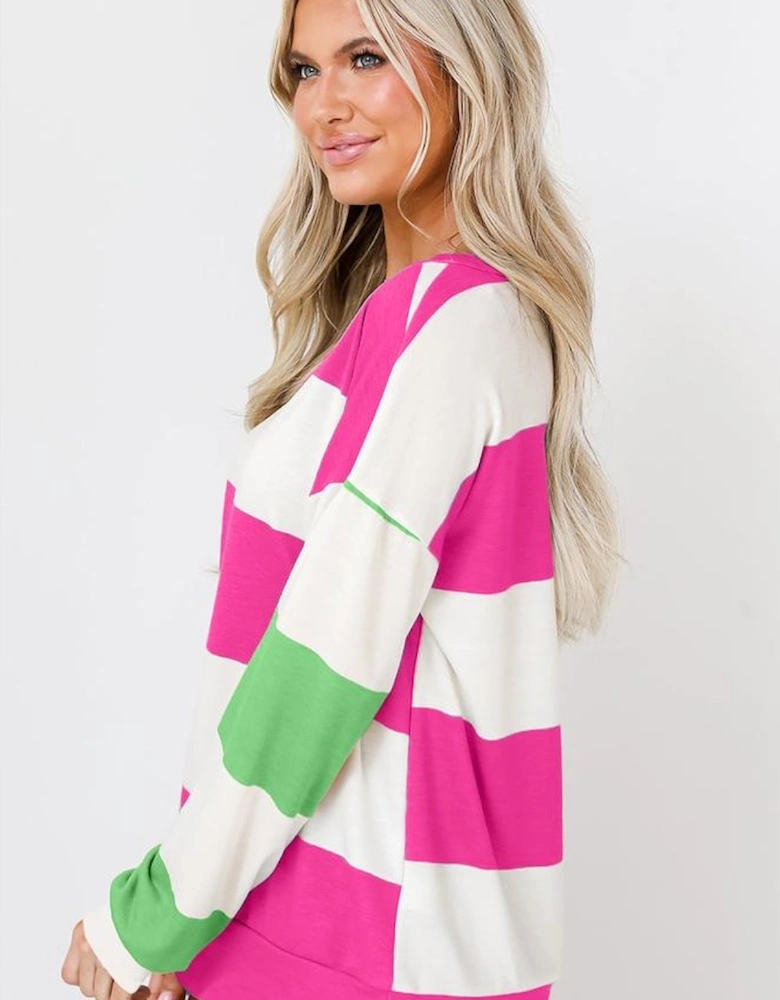 Rose Red Colorblock Striped Drop Shoulder Long Sleeve Top