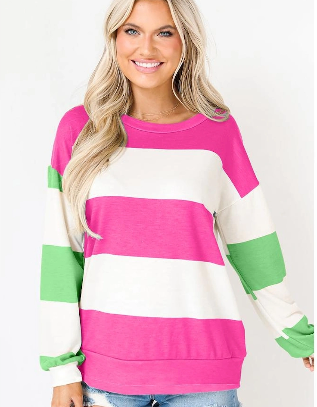 Rose Red Colorblock Striped Drop Shoulder Long Sleeve Top