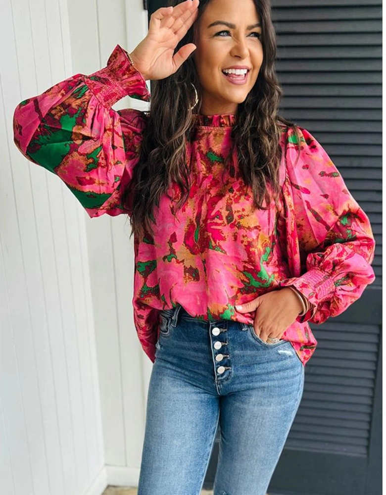 Rose Abstract Print Frilly Neckline Puff Sleeve Blouse