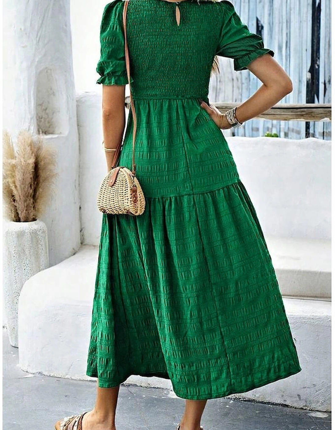 Dark Green Solid Textured Smocked Puff Short Sleeve High Waist Long Dress, 7 of 6