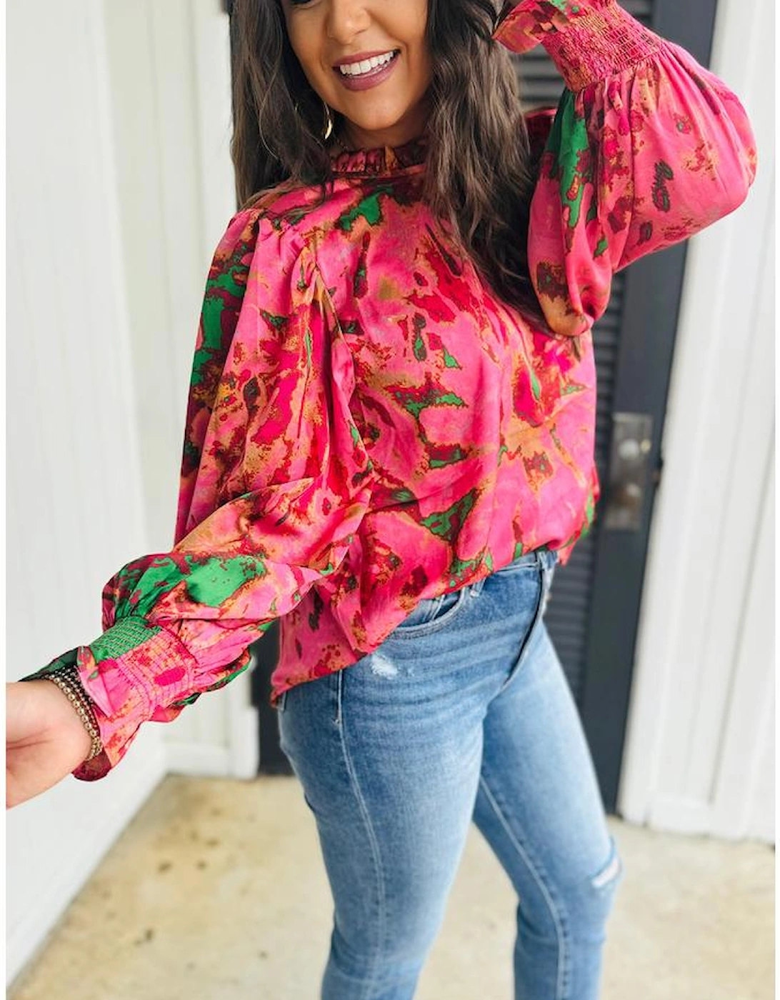 Rose Abstract Print Frilly Neckline Puff Sleeve Blouse, 8 of 7