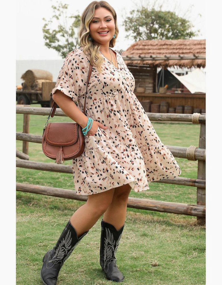 Beige Printed Surplice V Neck Cuffed Sleeve Empire Waist Plus Size Dress