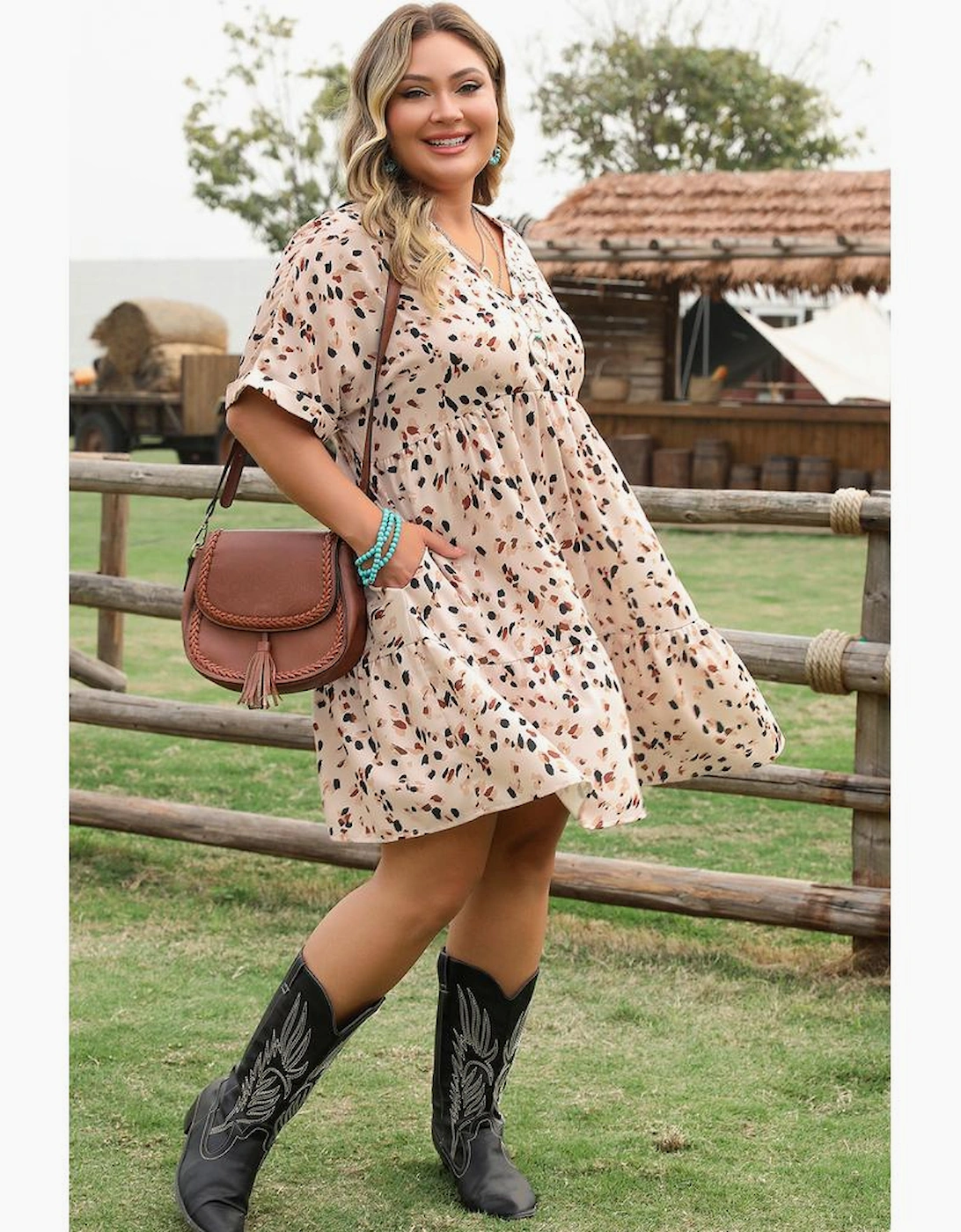 Beige Printed Surplice V Neck Cuffed Sleeve Empire Waist Plus Size Dress