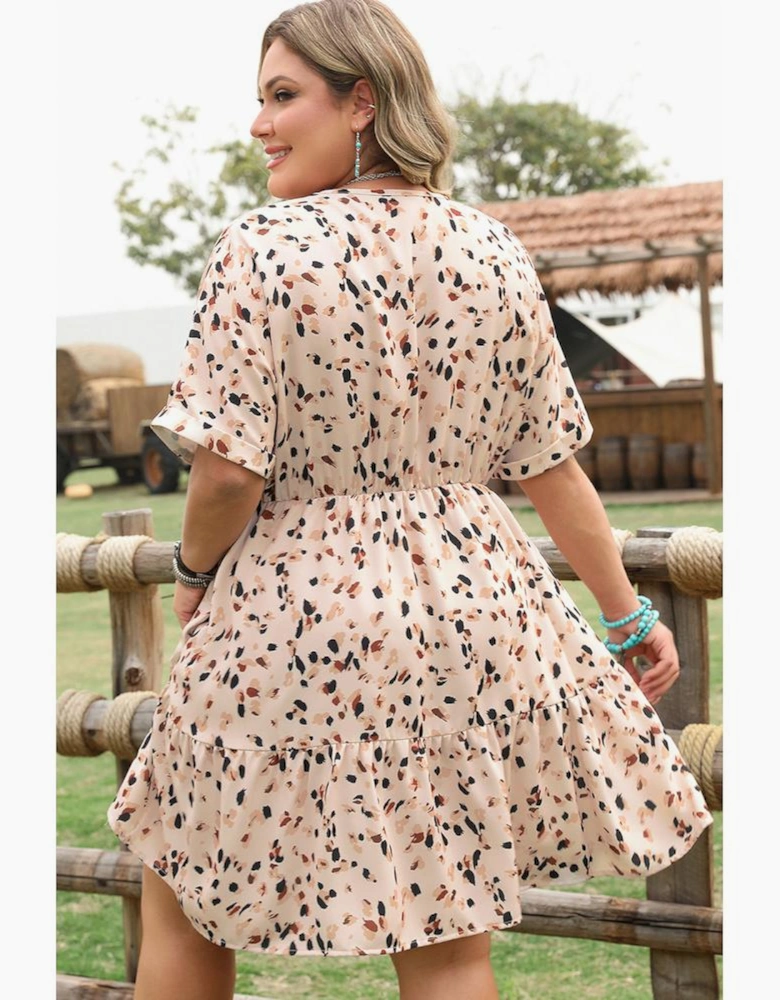 Beige Printed Surplice V Neck Cuffed Sleeve Empire Waist Plus Size Dress