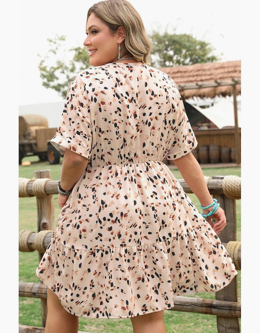 Beige Printed Surplice V Neck Cuffed Sleeve Empire Waist Plus Size Dress, 16 of 15