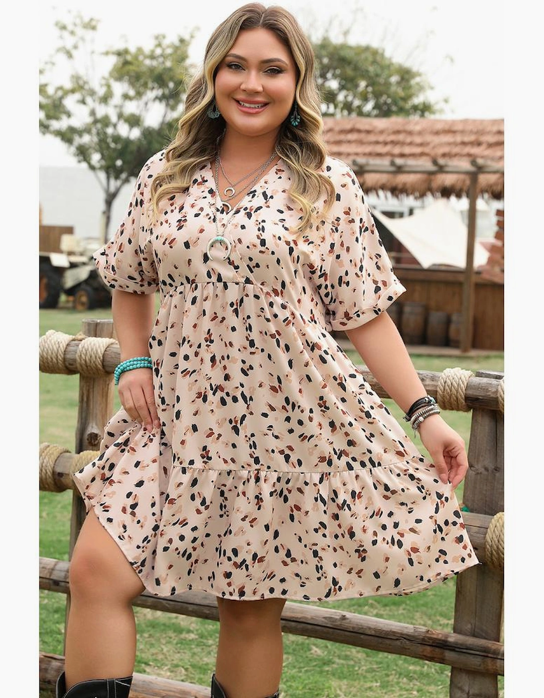 Beige Printed Surplice V Neck Cuffed Sleeve Empire Waist Plus Size Dress