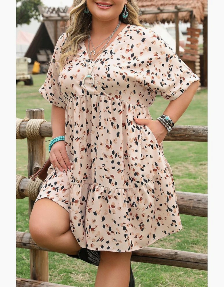 Beige Printed Surplice V Neck Cuffed Sleeve Empire Waist Plus Size Dress