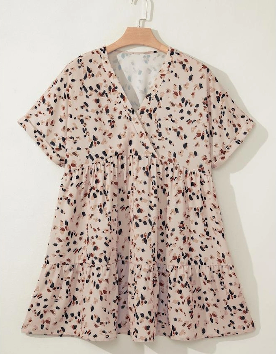 Beige Printed Surplice V Neck Cuffed Sleeve Empire Waist Plus Size Dress