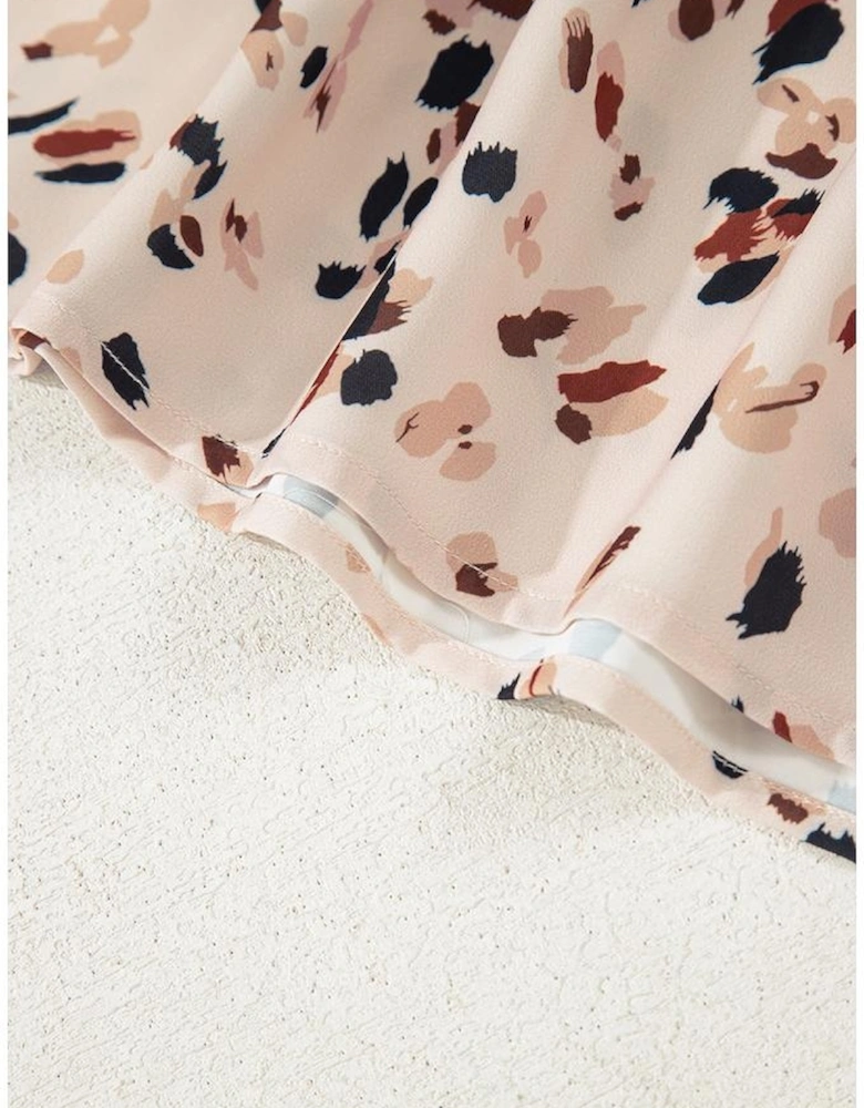 Beige Printed Surplice V Neck Cuffed Sleeve Empire Waist Plus Size Dress