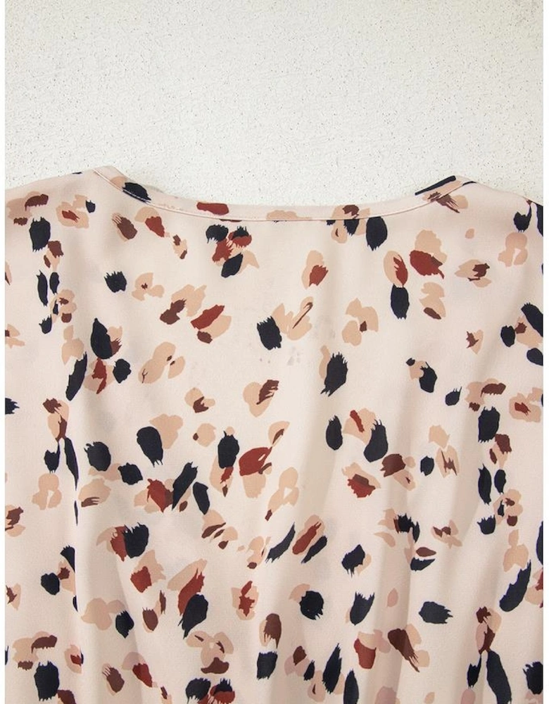 Beige Printed Surplice V Neck Cuffed Sleeve Empire Waist Plus Size Dress