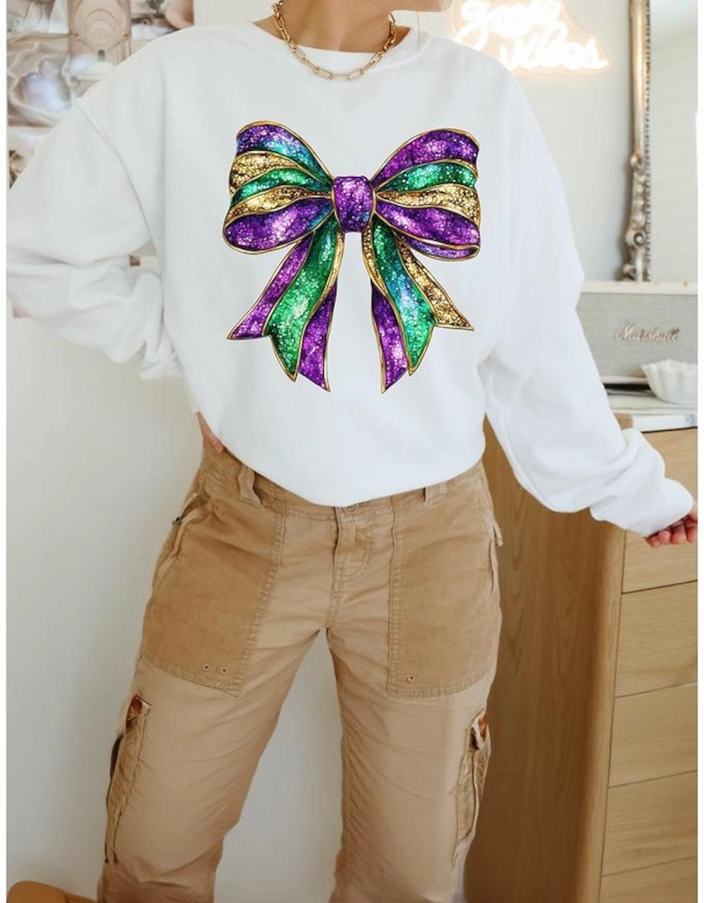 White Mardi Gras Bow Graphic Drop Shoulder Sweatshirt