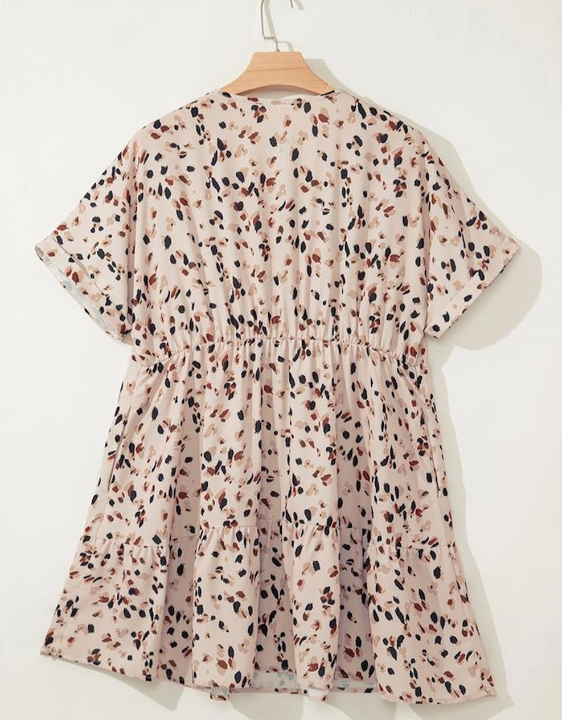 Beige Printed Surplice V Neck Cuffed Sleeve Empire Waist Plus Size Dress