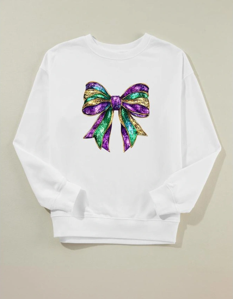 White Mardi Gras Bow Graphic Drop Shoulder Sweatshirt