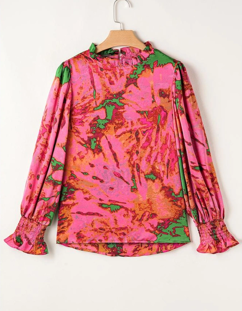 Rose Abstract Print Frilly Neckline Puff Sleeve Blouse