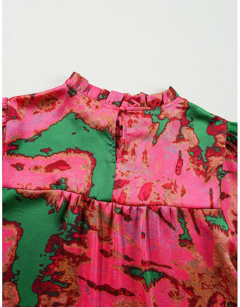 Rose Abstract Print Frilly Neckline Puff Sleeve Blouse