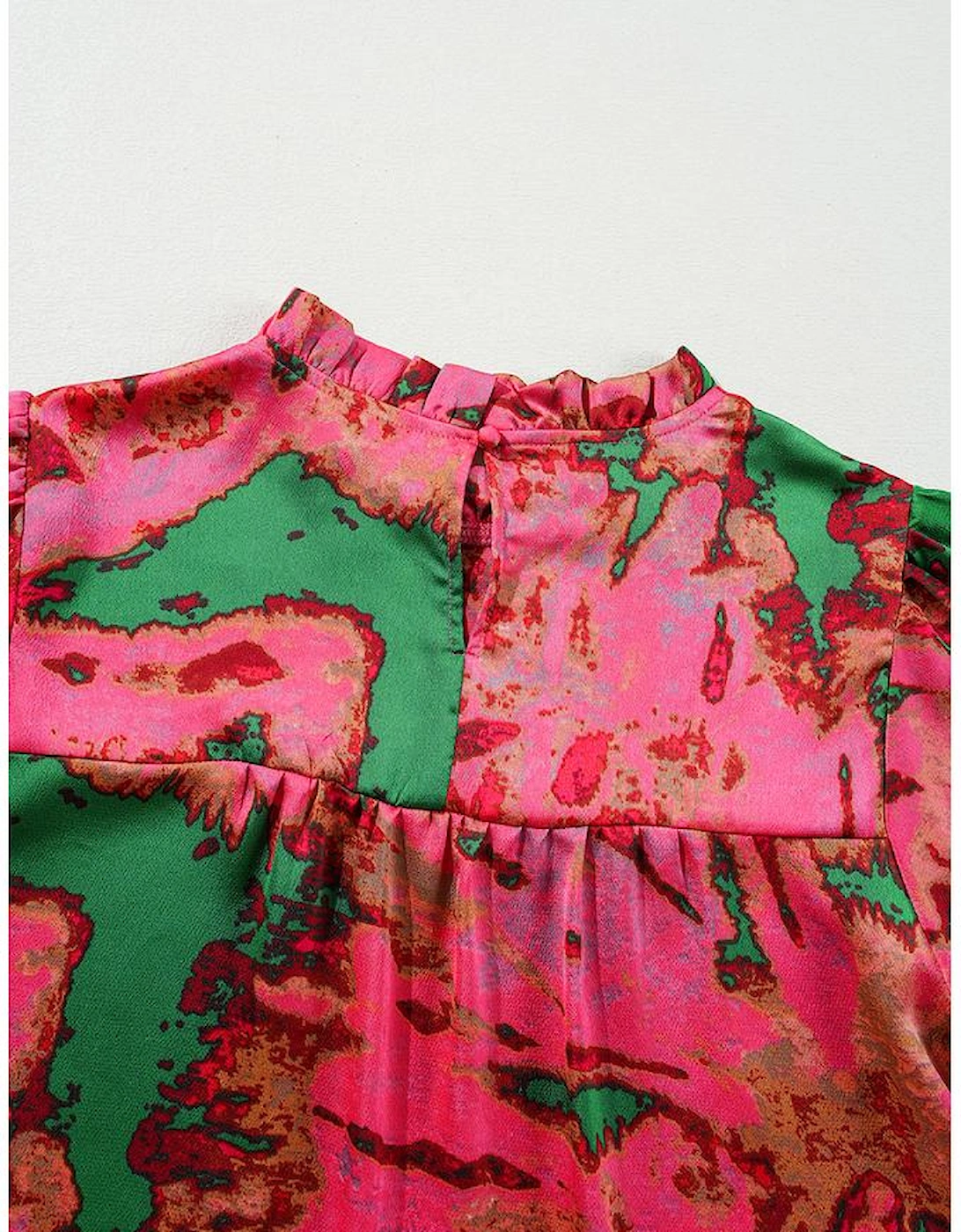 Rose Abstract Print Frilly Neckline Puff Sleeve Blouse