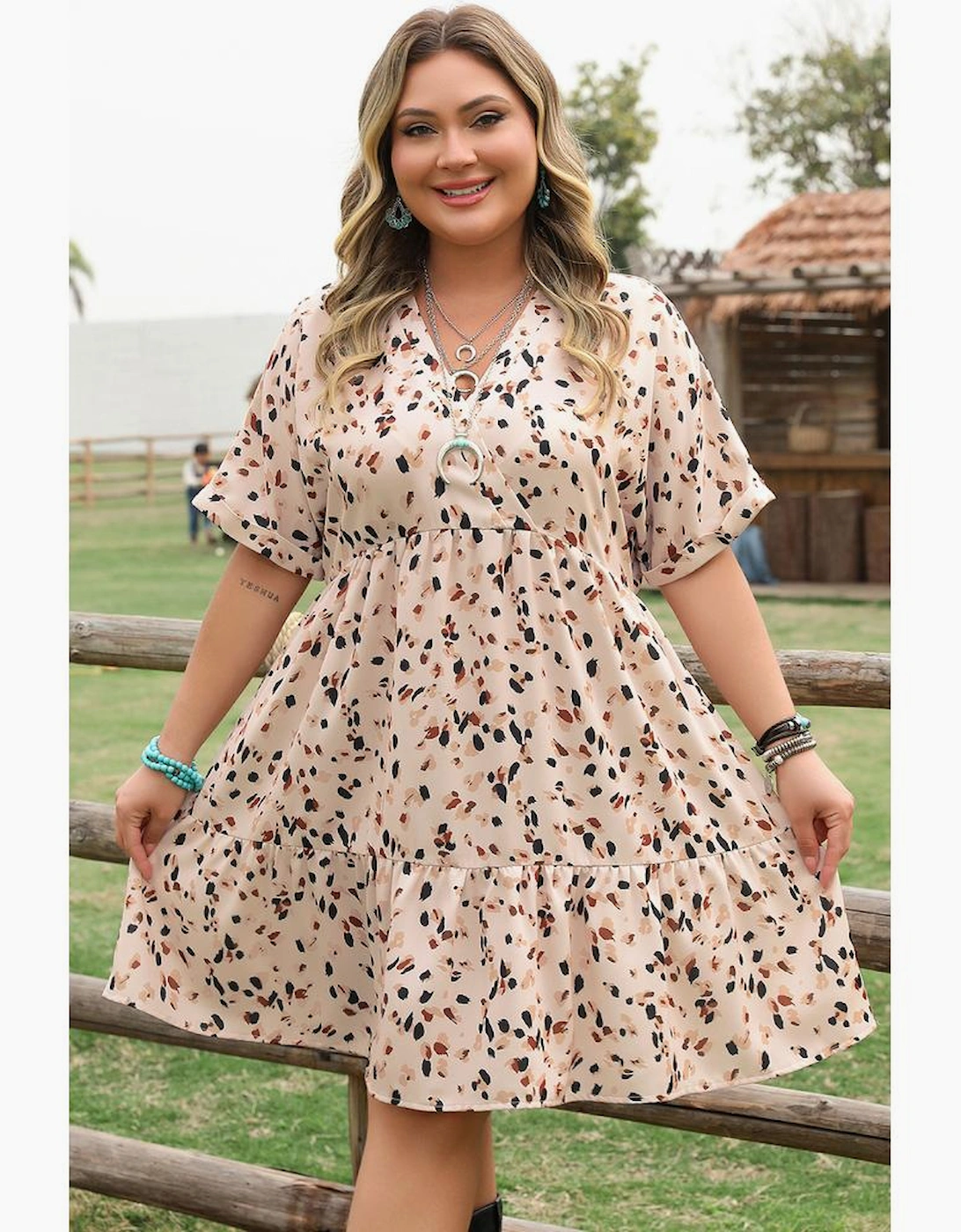 Beige Printed Surplice V Neck Cuffed Sleeve Empire Waist Plus Size Dress