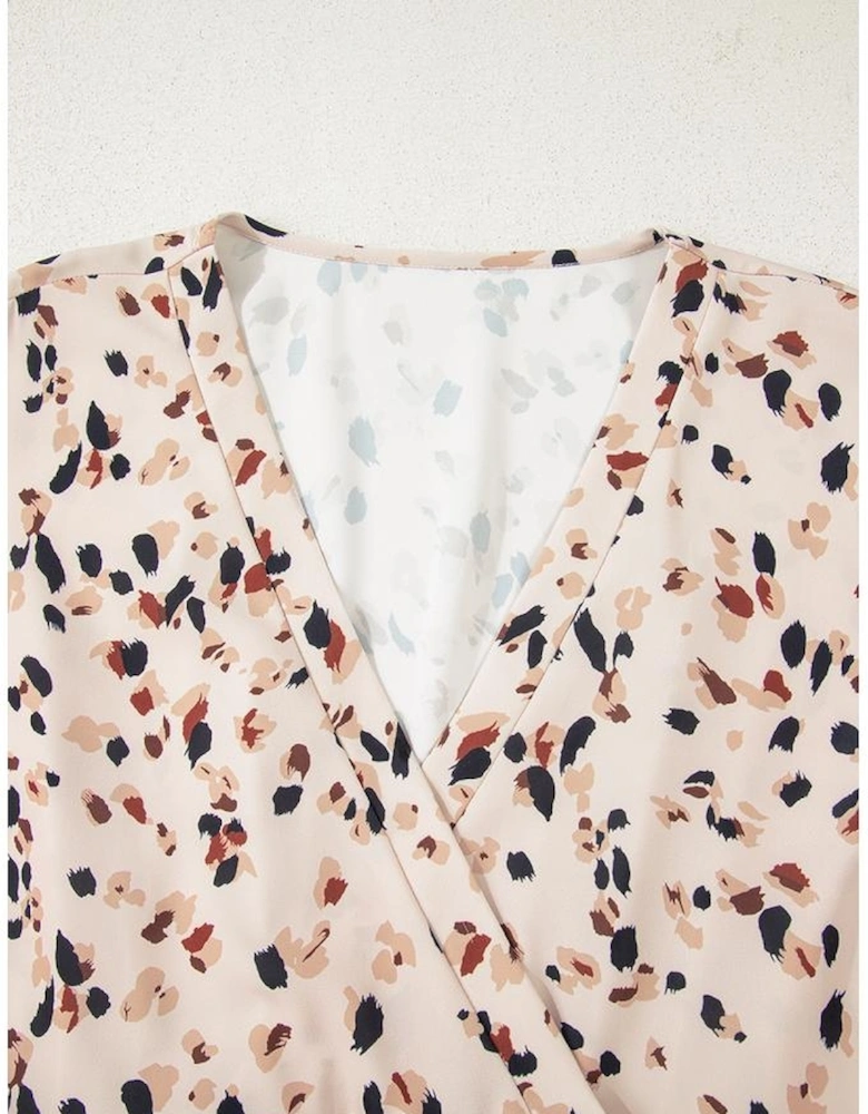 Beige Printed Surplice V Neck Cuffed Sleeve Empire Waist Plus Size Dress