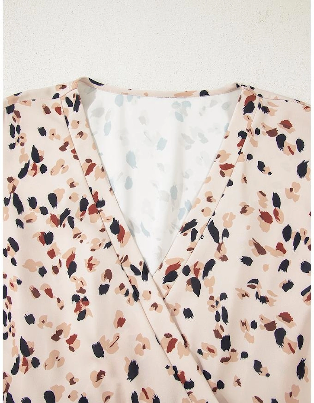 Beige Printed Surplice V Neck Cuffed Sleeve Empire Waist Plus Size Dress