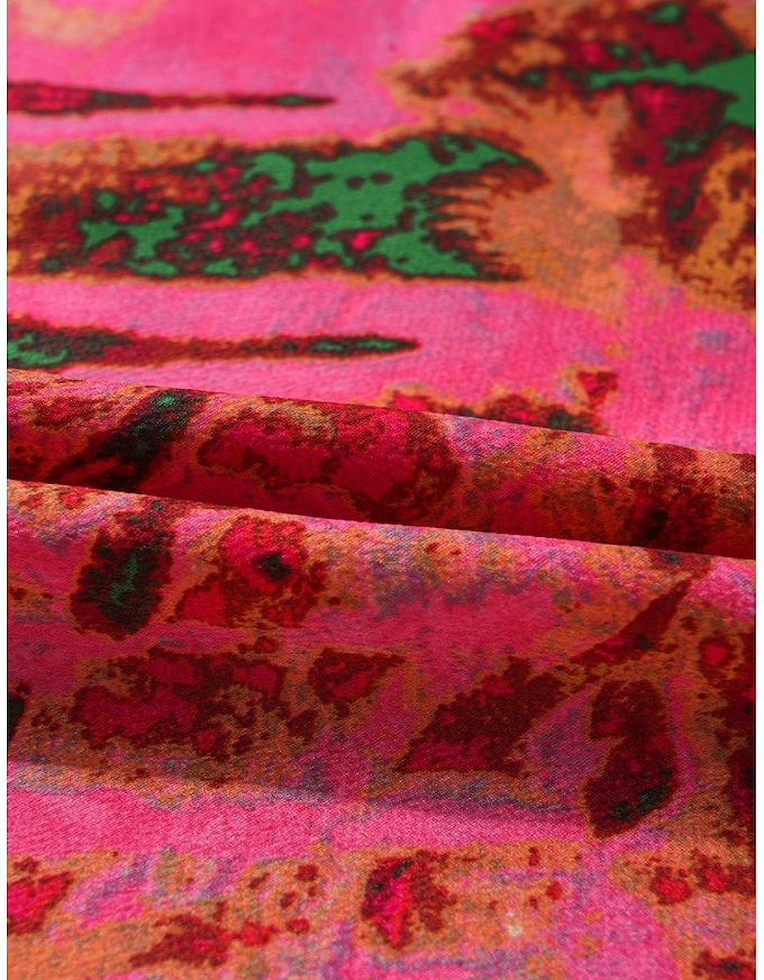 Rose Abstract Print Frilly Neckline Puff Sleeve Blouse