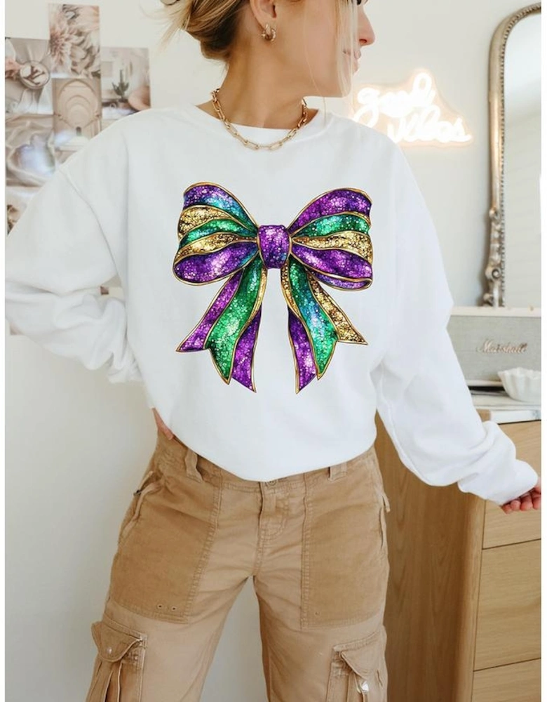 White Mardi Gras Bow Graphic Drop Shoulder Sweatshirt