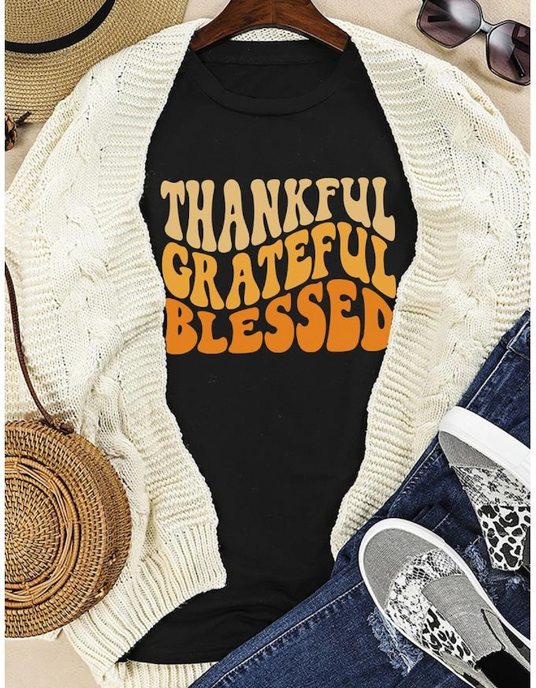 Black THANKFUL GRATEFUL BLESSED Crew Neck Graphic Tee, 10 of 9