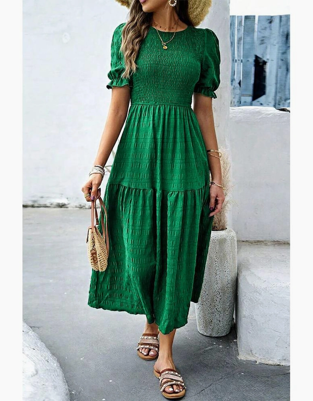Dark Green Solid Textured Smocked Puff Short Sleeve High Waist Long Dress