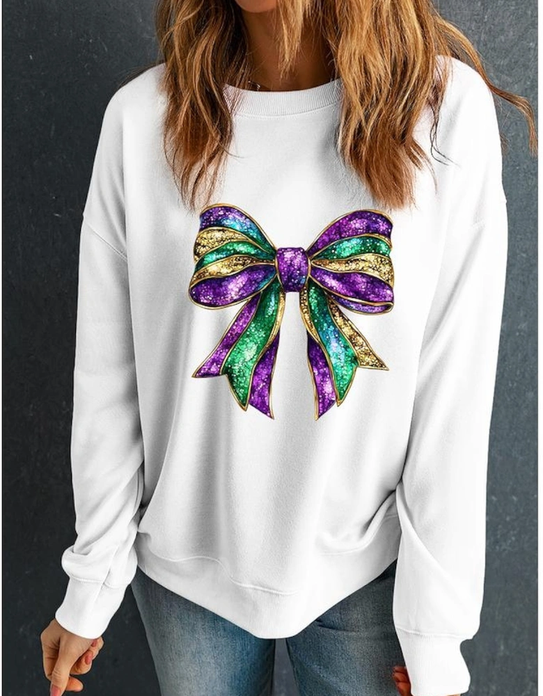White Mardi Gras Bow Graphic Drop Shoulder Sweatshirt