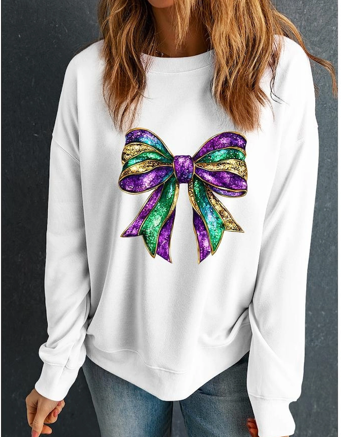 White Mardi Gras Bow Graphic Drop Shoulder Sweatshirt