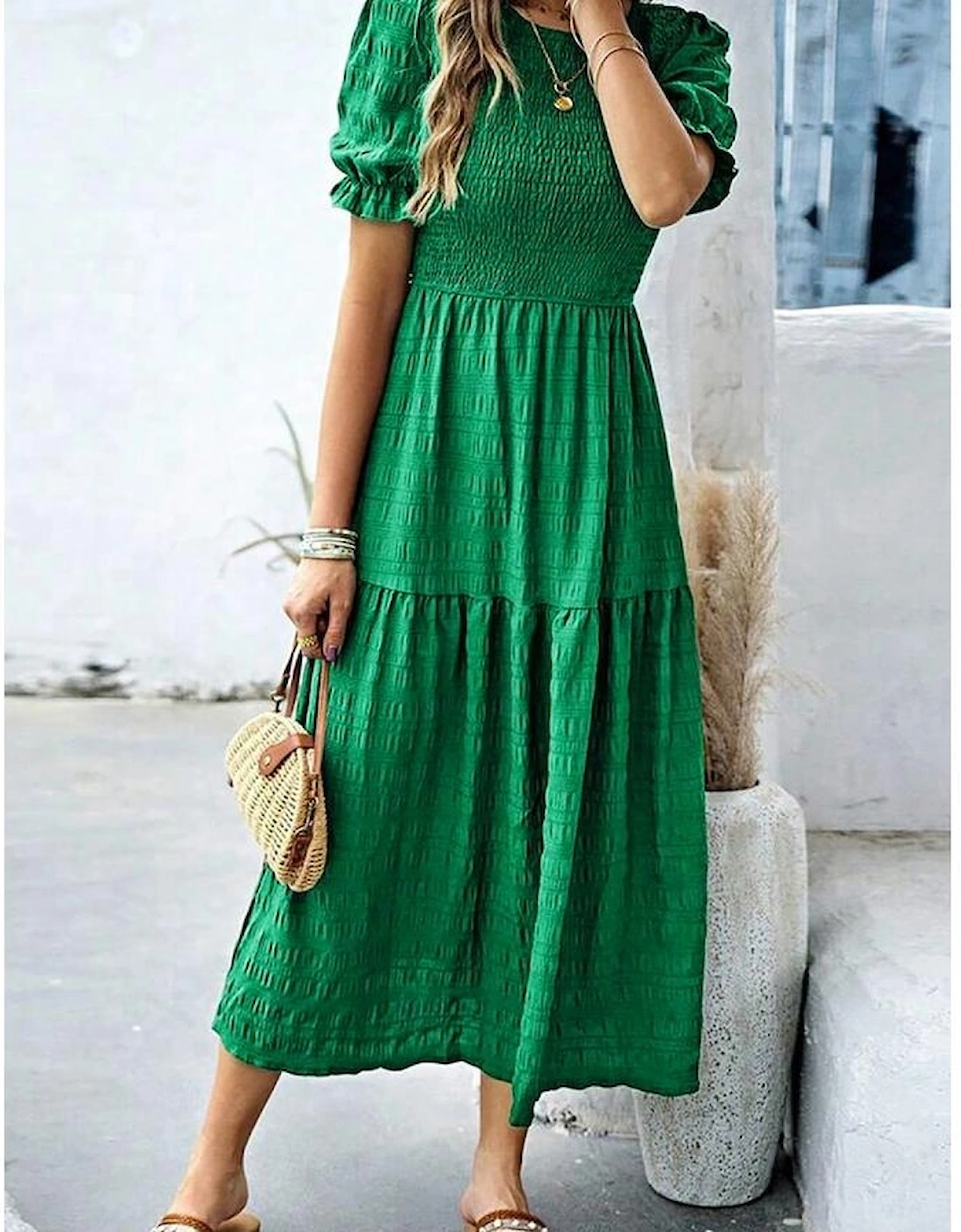 Dark Green Solid Textured Smocked Puff Short Sleeve High Waist Long Dress