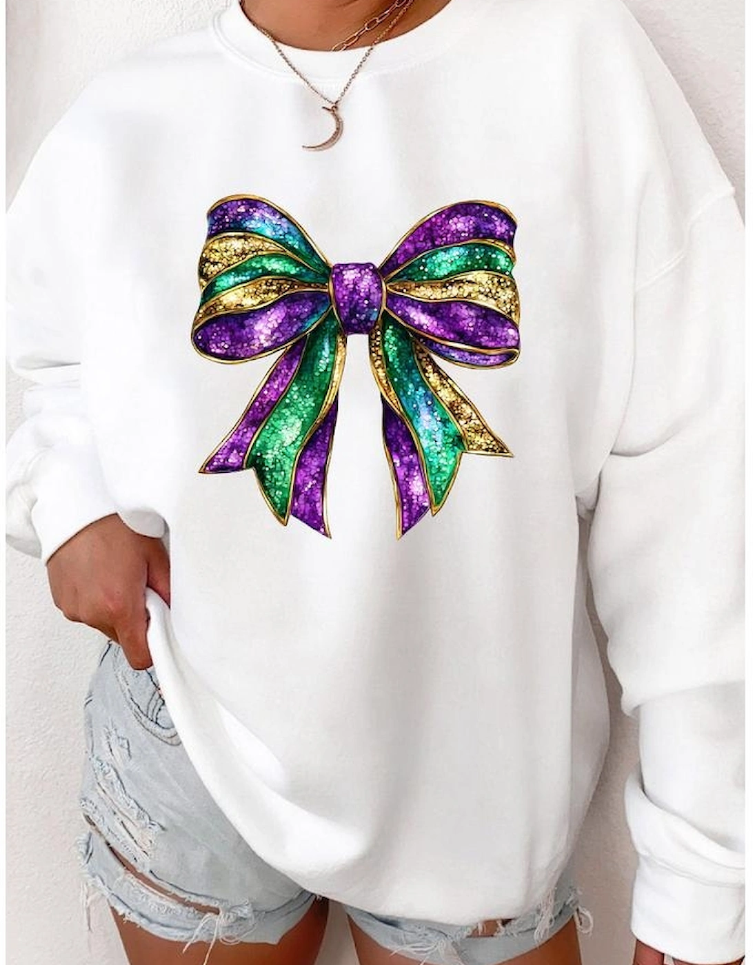 White Mardi Gras Bow Graphic Drop Shoulder Sweatshirt