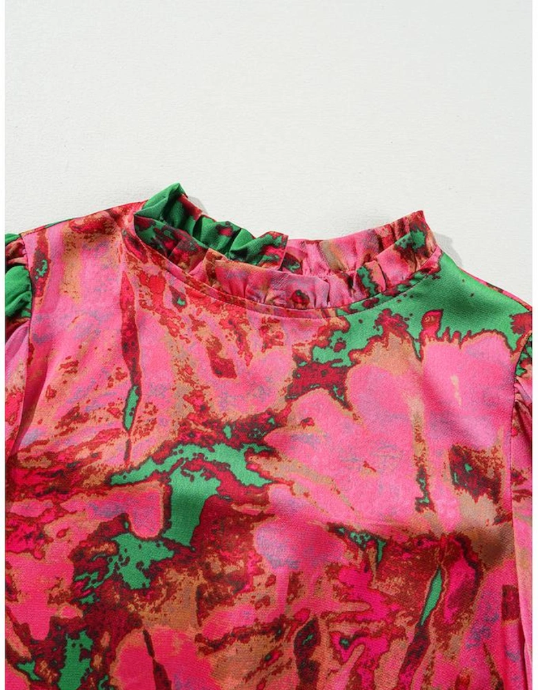 Rose Abstract Print Frilly Neckline Puff Sleeve Blouse