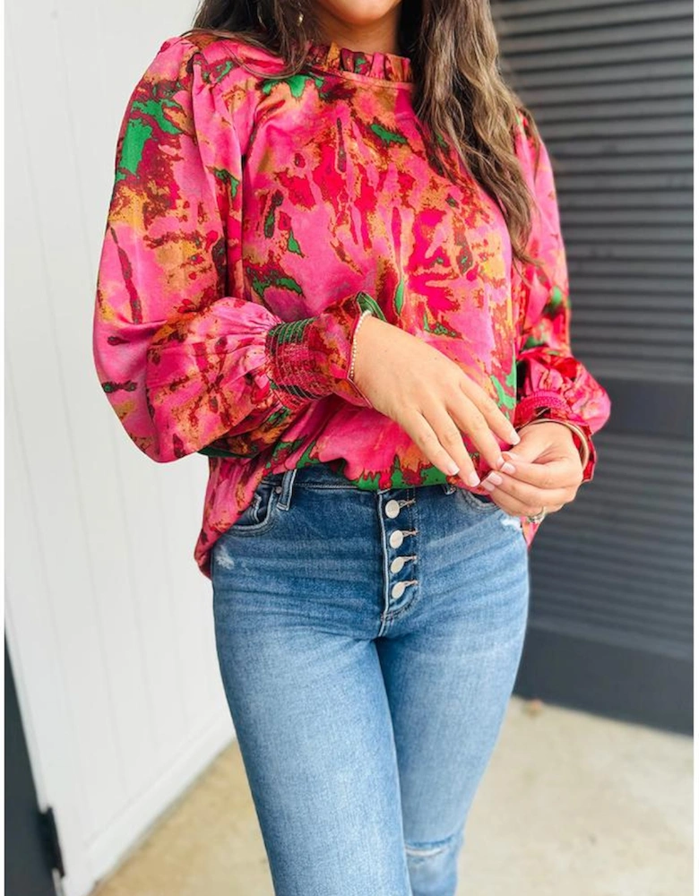 Rose Abstract Print Frilly Neckline Puff Sleeve Blouse