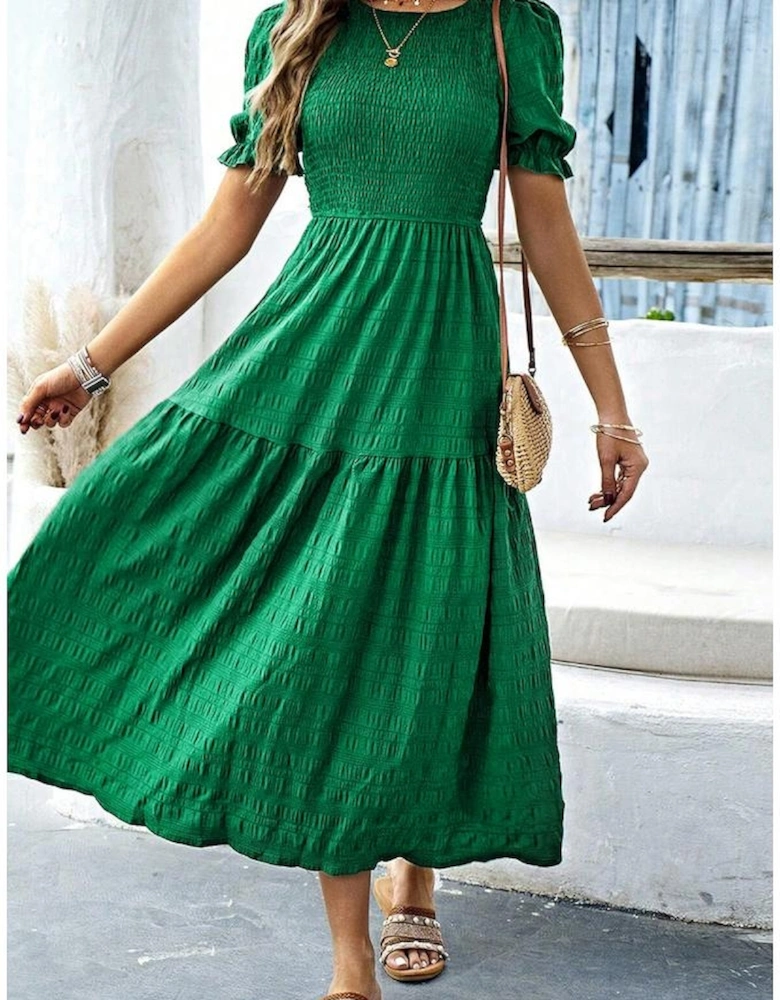Dark Green Solid Textured Smocked Puff Short Sleeve High Waist Long Dress