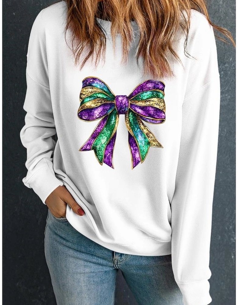 White Mardi Gras Bow Graphic Drop Shoulder Sweatshirt