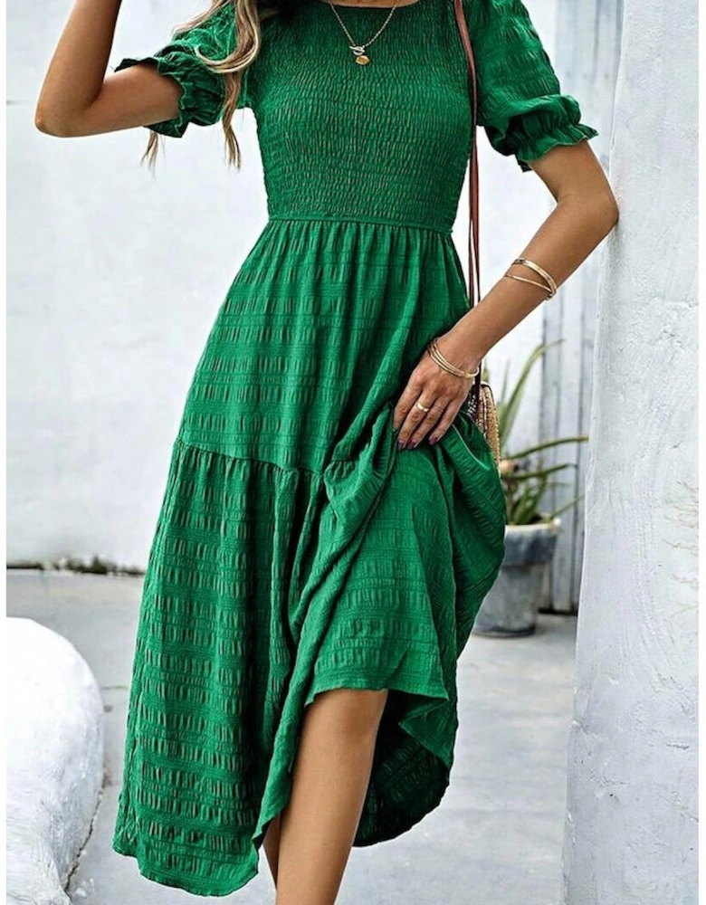 Dark Green Solid Textured Smocked Puff Short Sleeve High Waist Long Dress