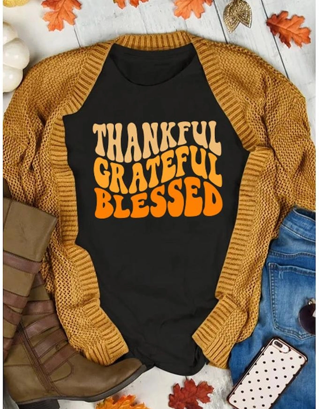 Black THANKFUL GRATEFUL BLESSED Crew Neck Graphic Tee