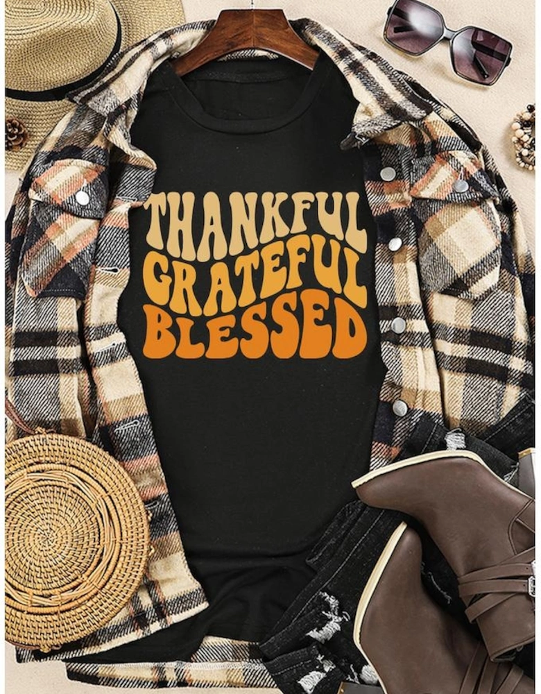 Black THANKFUL GRATEFUL BLESSED Crew Neck Graphic Tee